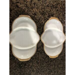 Fire King Milk Glass Divided Relish Dish SET 22k Gold Beaded Rim